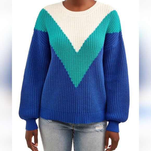 Time and Tru Blue & White Knit Sweater, Size L - Picture 1 of 3